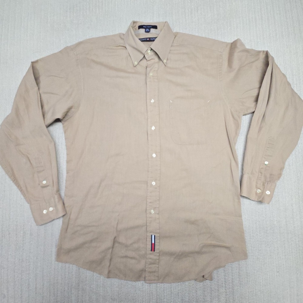 Tommy Hilfiger Shirt Mens Medium Beige Twill Long Sleeve Button Down Casual